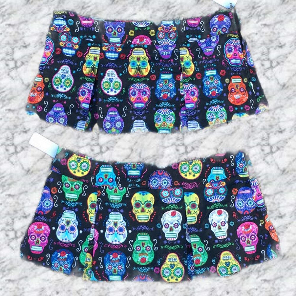 Folter Sugar Skulls Micro Mini Skirt Size Small 100% Cotton Multicolor On Black